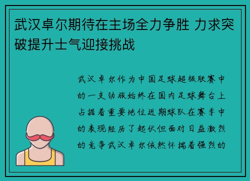 武汉卓尔期待在主场全力争胜 力求突破提升士气迎接挑战