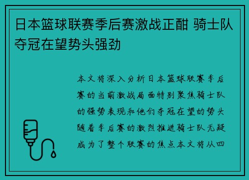 日本篮球联赛季后赛激战正酣 骑士队夺冠在望势头强劲