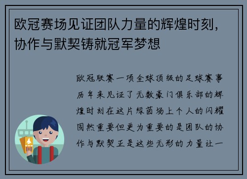欧冠赛场见证团队力量的辉煌时刻，协作与默契铸就冠军梦想