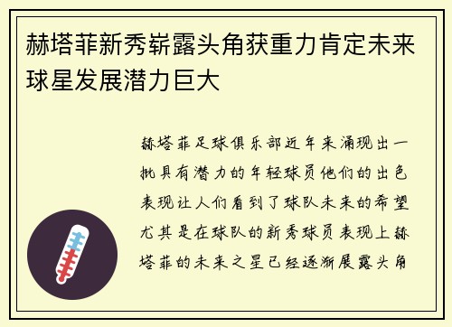 赫塔菲新秀崭露头角获重力肯定未来球星发展潜力巨大