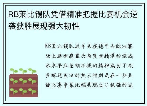 RB莱比锡队凭借精准把握比赛机会逆袭获胜展现强大韧性