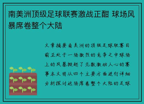南美洲顶级足球联赛激战正酣 球场风暴席卷整个大陆