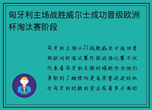 匈牙利主场战胜威尔士成功晋级欧洲杯淘汰赛阶段