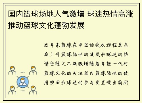 国内篮球场地人气激增 球迷热情高涨推动篮球文化蓬勃发展